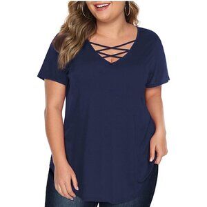 Women's Criss Cross V-neck Top Short Sleeve Summer Shirt Navy Blue Size m Stretc